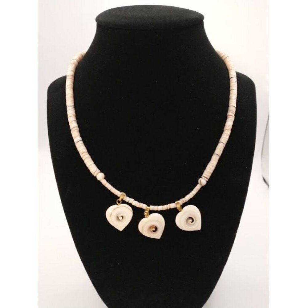 Vintage 1970s Shell Heishi Necklace with Heart Pendants & Gold Tone Accents